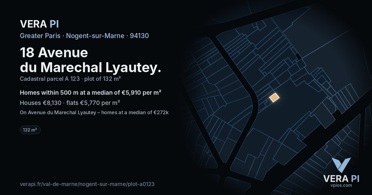 18 Avenue du Marechal Lyautey, Nogent-sur-Marne at night – the plot lit, the parcels around coloured by the prices near them