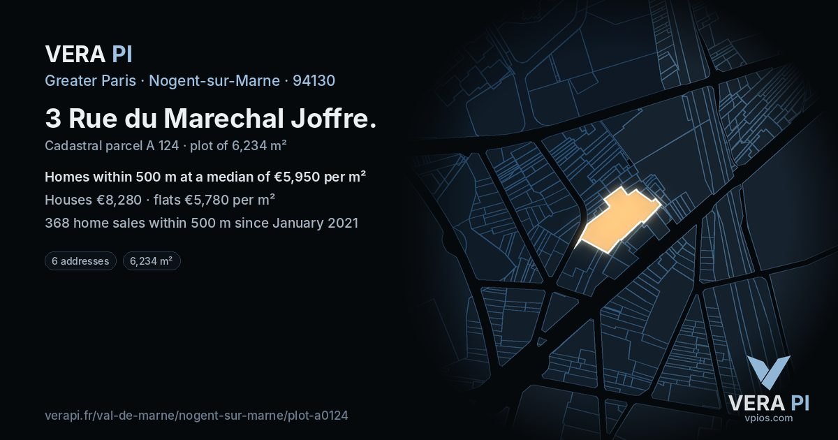 3 Rue du Marechal Joffre, Nogent-sur-Marne at night – the plot lit, the parcels around coloured by the prices near them