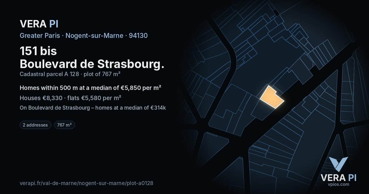 151 bis Boulevard de Strasbourg, Nogent-sur-Marne at night – the plot lit, the parcels around coloured by the prices near them