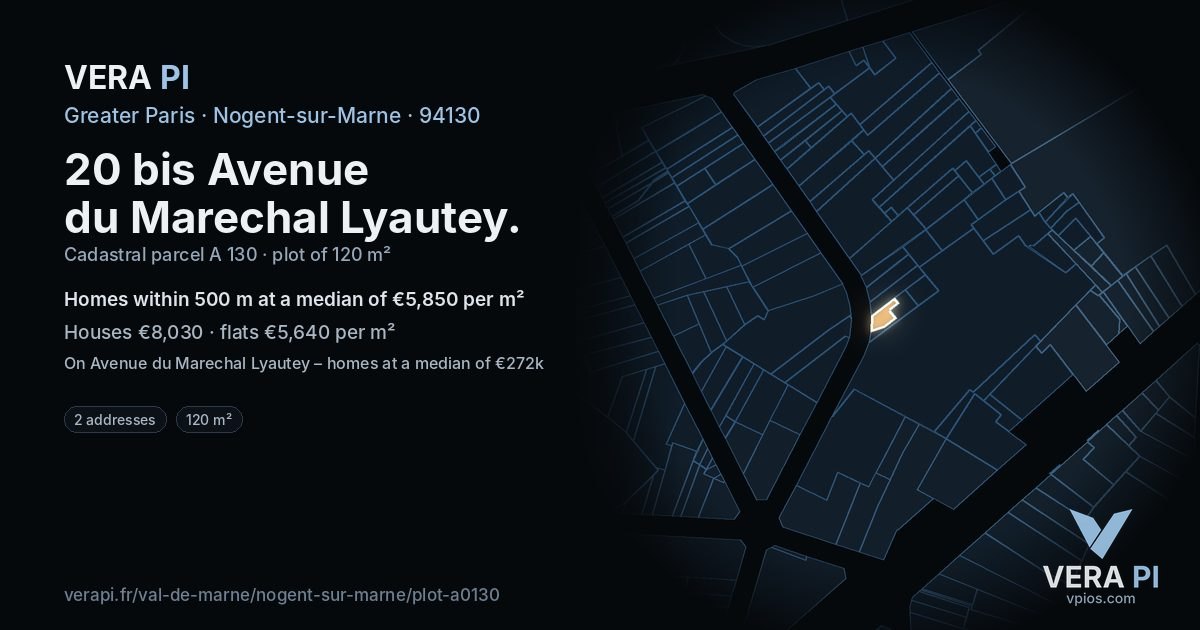 20 bis Avenue du Marechal Lyautey, Nogent-sur-Marne at night – the plot lit, the parcels around coloured by the prices near them