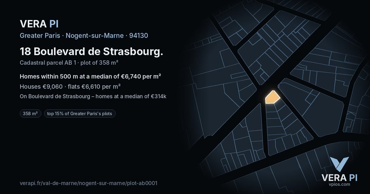 18 Boulevard de Strasbourg, Nogent-sur-Marne at night – the plot lit, the parcels around coloured by the prices near them