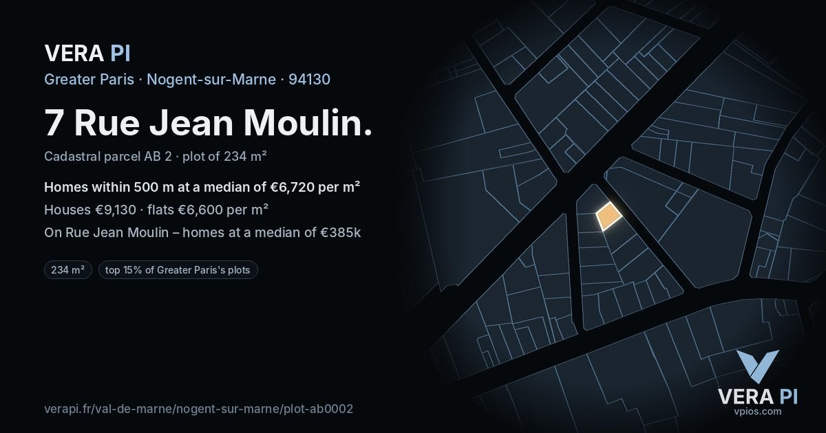 7 Rue Jean Moulin, Nogent-sur-Marne at night – the plot lit, the parcels around coloured by the prices near them