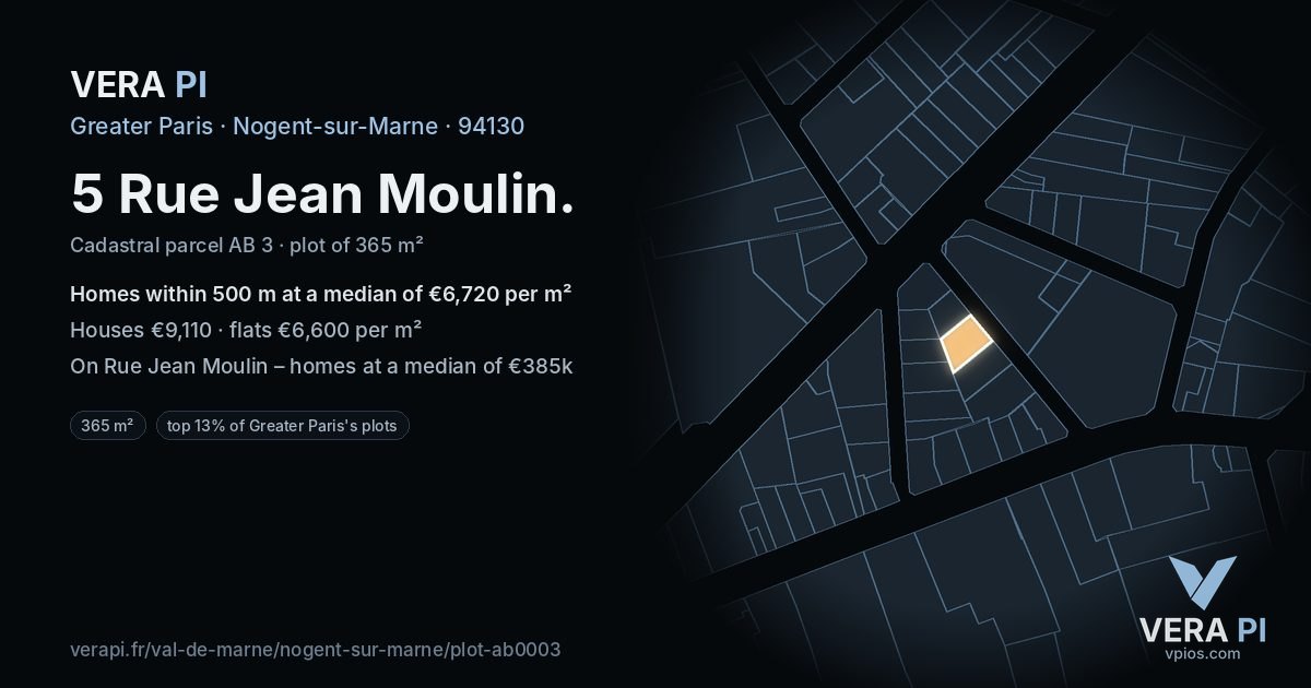 5 Rue Jean Moulin, Nogent-sur-Marne at night – the plot lit, the parcels around coloured by the prices near them