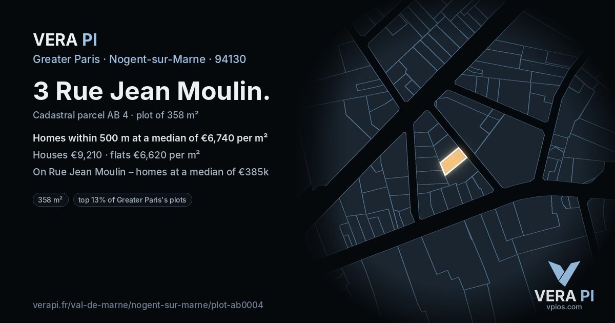 3 Rue Jean Moulin, Nogent-sur-Marne at night – the plot lit, the parcels around coloured by the prices near them