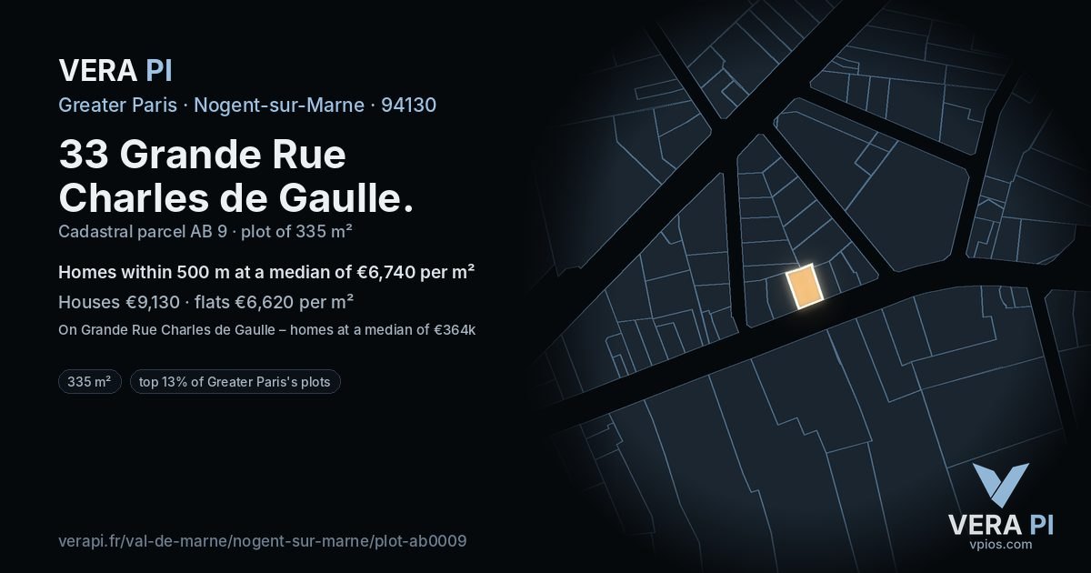 33 Grande Rue Charles de Gaulle, Nogent-sur-Marne at night – the plot lit, the parcels around coloured by the prices near them