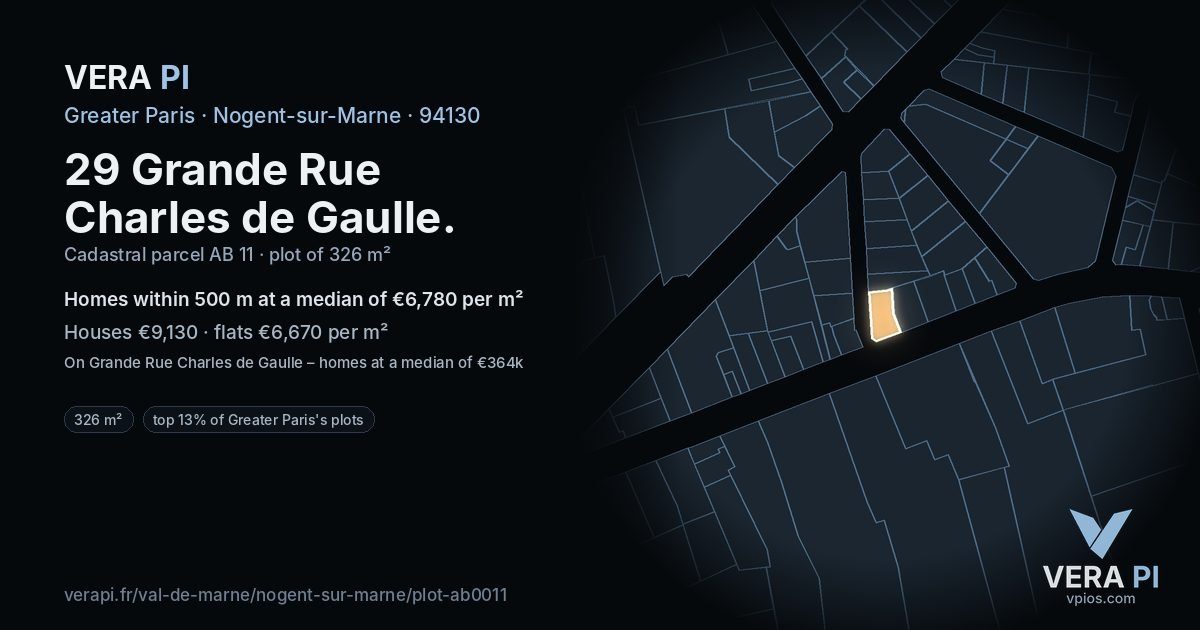29 Grande Rue Charles de Gaulle, Nogent-sur-Marne at night – the plot lit, the parcels around coloured by the prices near them