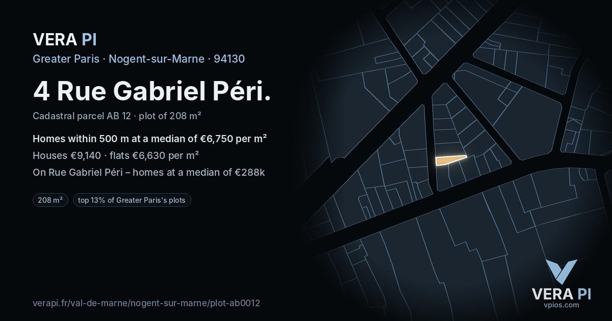 4 Rue Gabriel Péri, Nogent-sur-Marne at night – the plot lit, the parcels around coloured by the prices near them