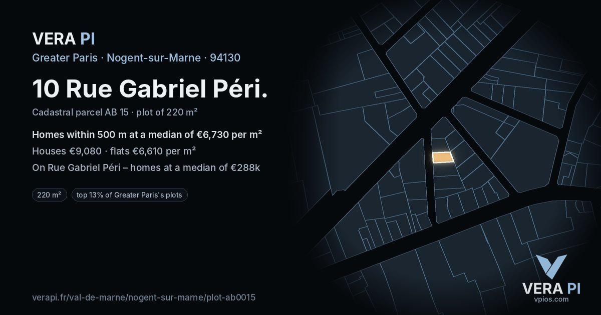 10 Rue Gabriel Péri, Nogent-sur-Marne at night – the plot lit, the parcels around coloured by the prices near them