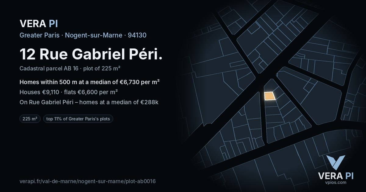 12 Rue Gabriel Péri, Nogent-sur-Marne at night – the plot lit, the parcels around coloured by the prices near them