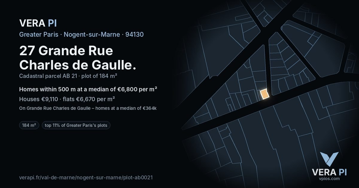 27 Grande Rue Charles de Gaulle, Nogent-sur-Marne at night – the plot lit, the parcels around coloured by the prices near them
