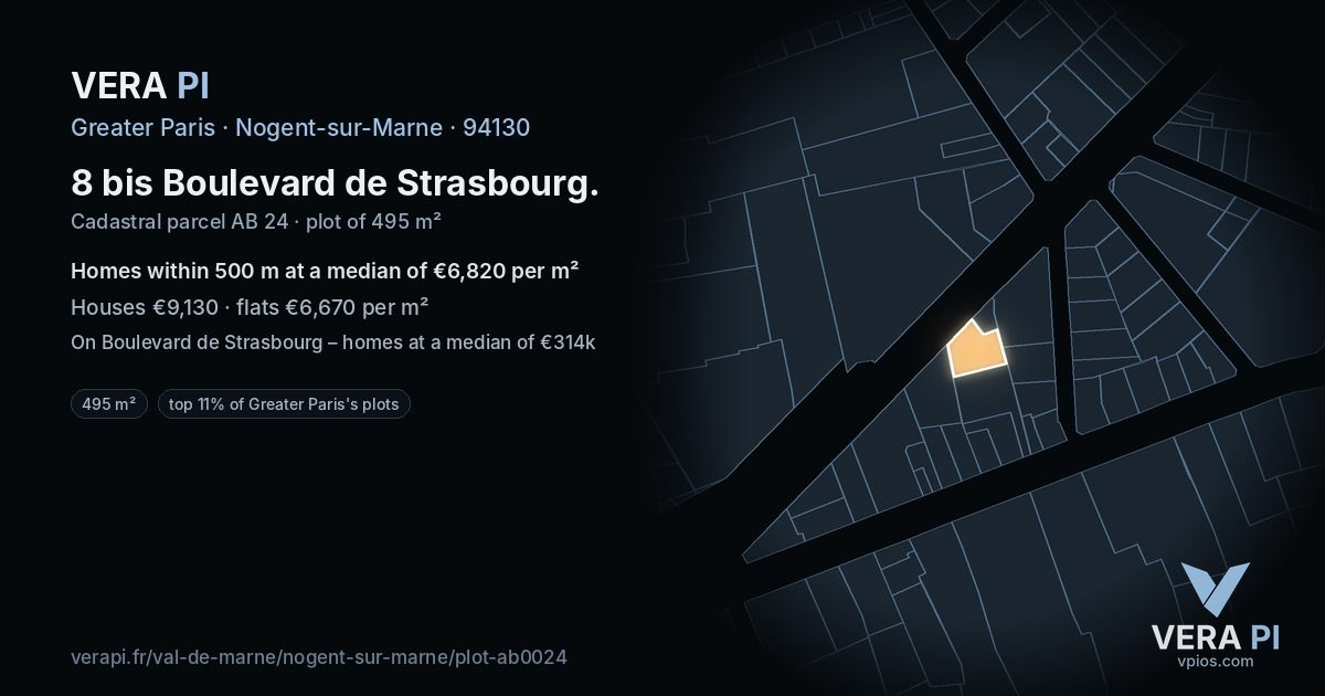 8 bis Boulevard de Strasbourg, Nogent-sur-Marne at night – the plot lit, the parcels around coloured by the prices near them