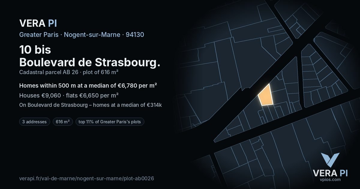 10 bis Boulevard de Strasbourg, Nogent-sur-Marne at night – the plot lit, the parcels around coloured by the prices near them