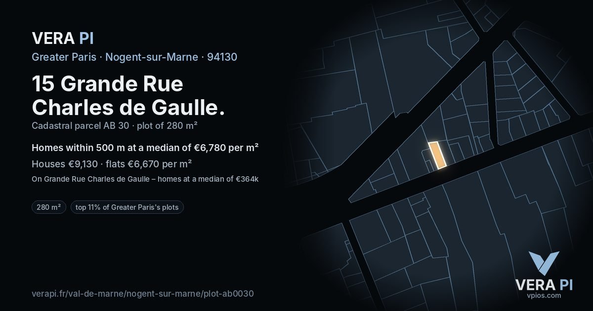 15 Grande Rue Charles de Gaulle, Nogent-sur-Marne at night – the plot lit, the parcels around coloured by the prices near them