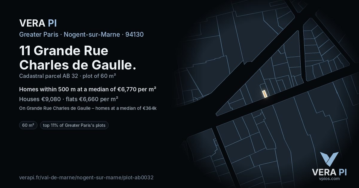 11 Grande Rue Charles de Gaulle, Nogent-sur-Marne at night – the plot lit, the parcels around coloured by the prices near them
