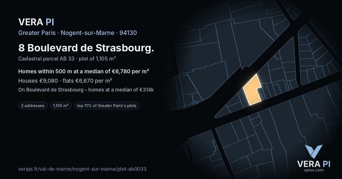 8 Boulevard de Strasbourg, Nogent-sur-Marne at night – the plot lit, the parcels around coloured by the prices near them