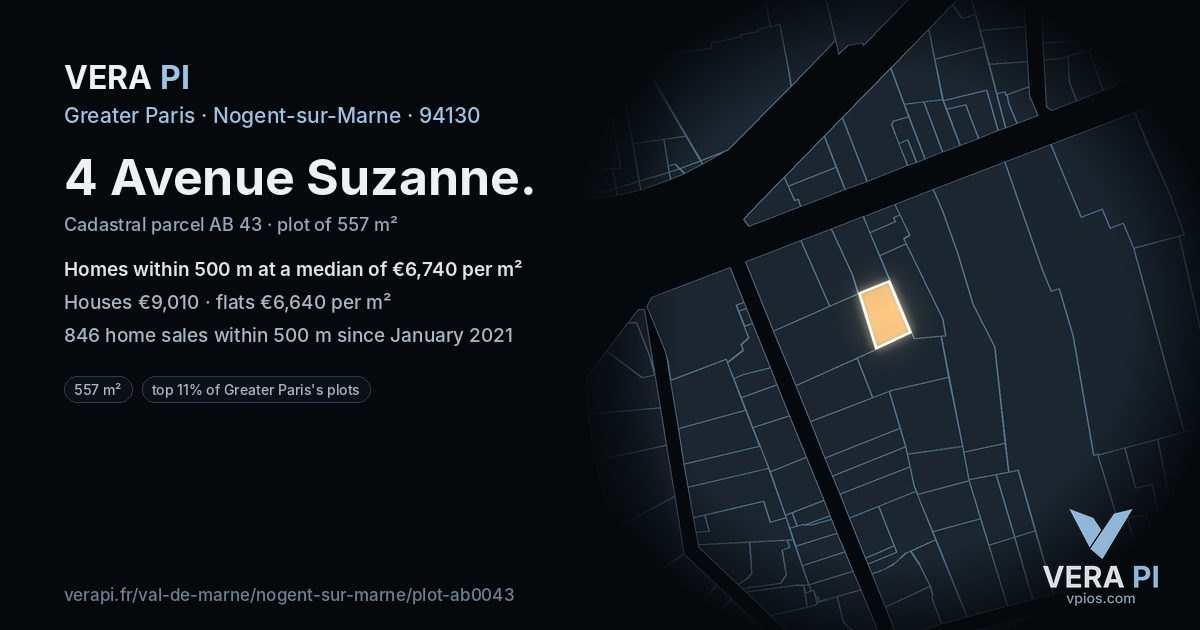 4 Avenue Suzanne, Nogent-sur-Marne at night – the plot lit, the parcels around coloured by the prices near them