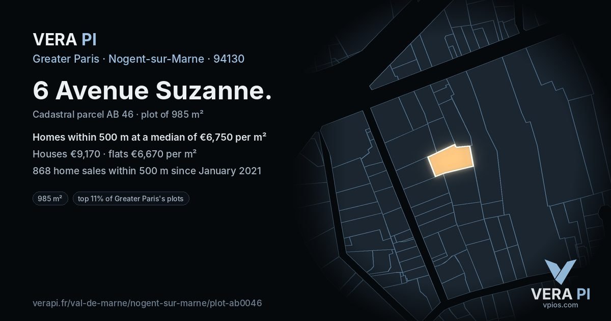 6 Avenue Suzanne, Nogent-sur-Marne at night – the plot lit, the parcels around coloured by the prices near them