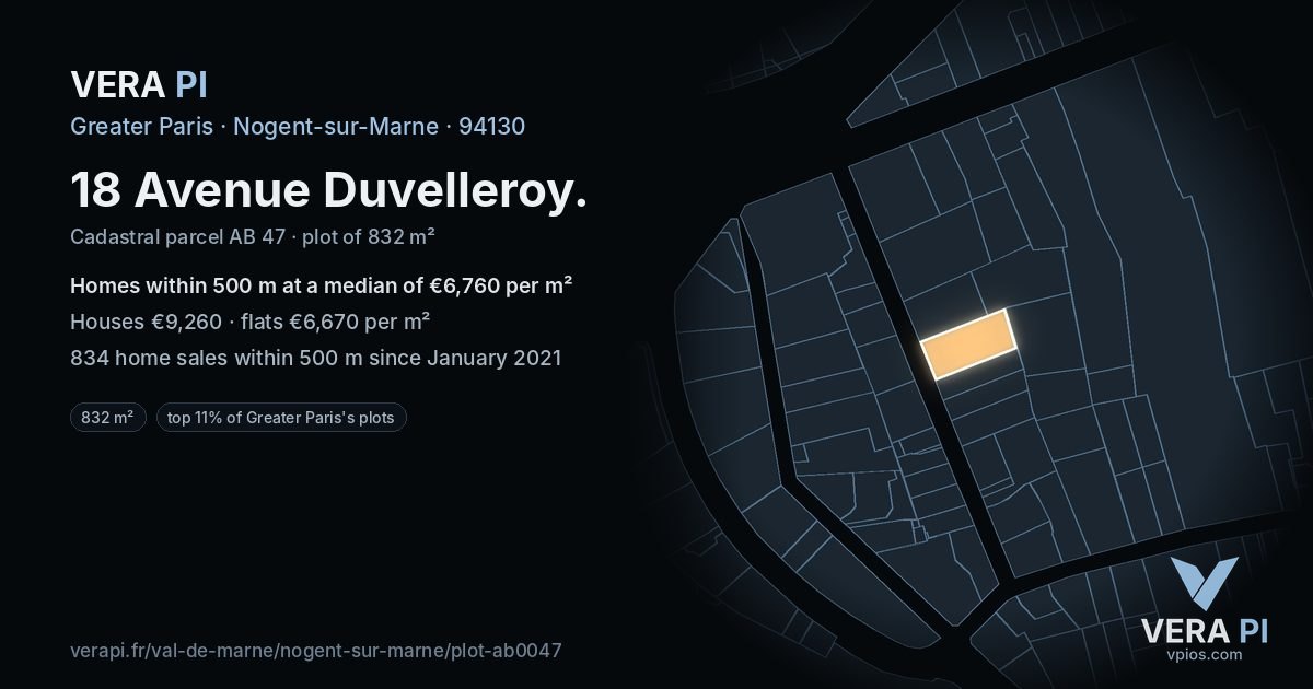 18 Avenue Duvelleroy, Nogent-sur-Marne at night – the plot lit, the parcels around coloured by the prices near them