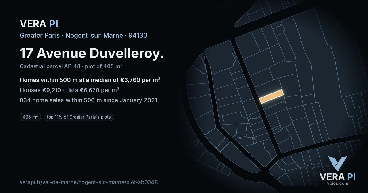 17 Avenue Duvelleroy, Nogent-sur-Marne at night – the plot lit, the parcels around coloured by the prices near them