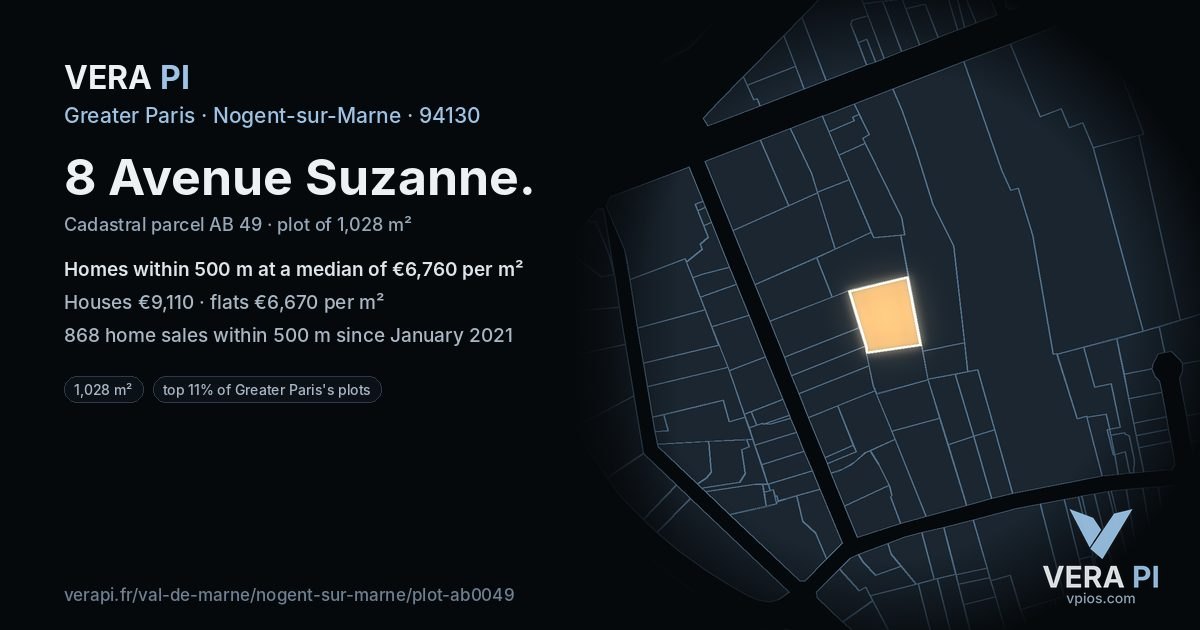 8 Avenue Suzanne, Nogent-sur-Marne at night – the plot lit, the parcels around coloured by the prices near them