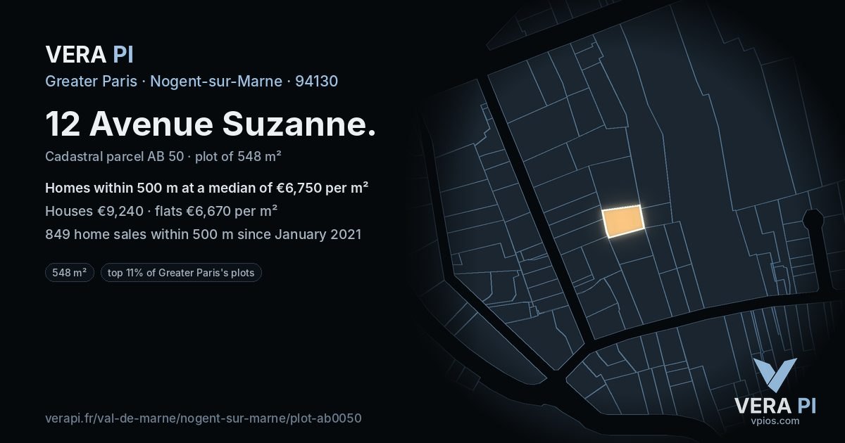 12 Avenue Suzanne, Nogent-sur-Marne at night – the plot lit, the parcels around coloured by the prices near them
