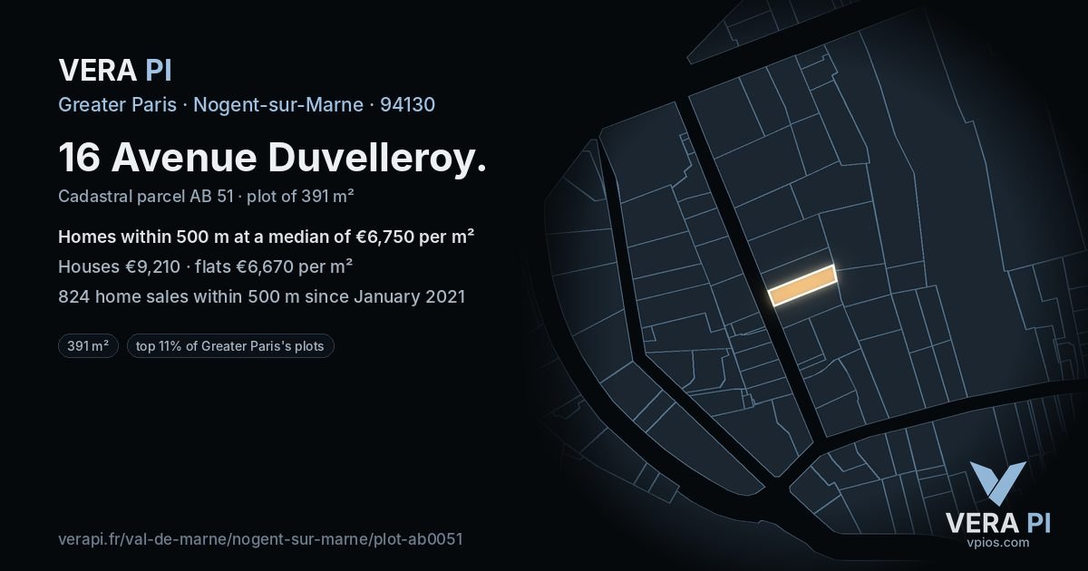 16 Avenue Duvelleroy, Nogent-sur-Marne at night – the plot lit, the parcels around coloured by the prices near them