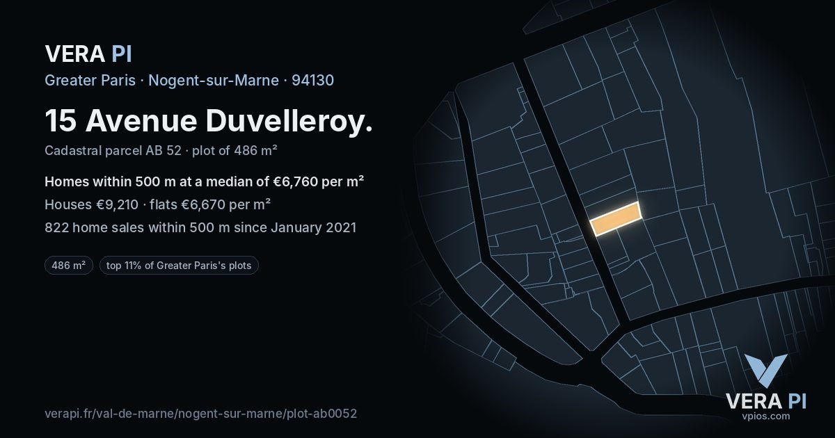 15 Avenue Duvelleroy, Nogent-sur-Marne at night – the plot lit, the parcels around coloured by the prices near them
