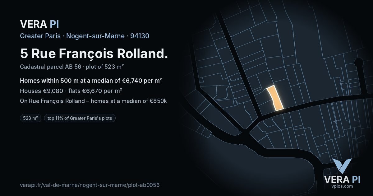 5 Rue François Rolland, Nogent-sur-Marne at night – the plot lit, the parcels around coloured by the prices near them