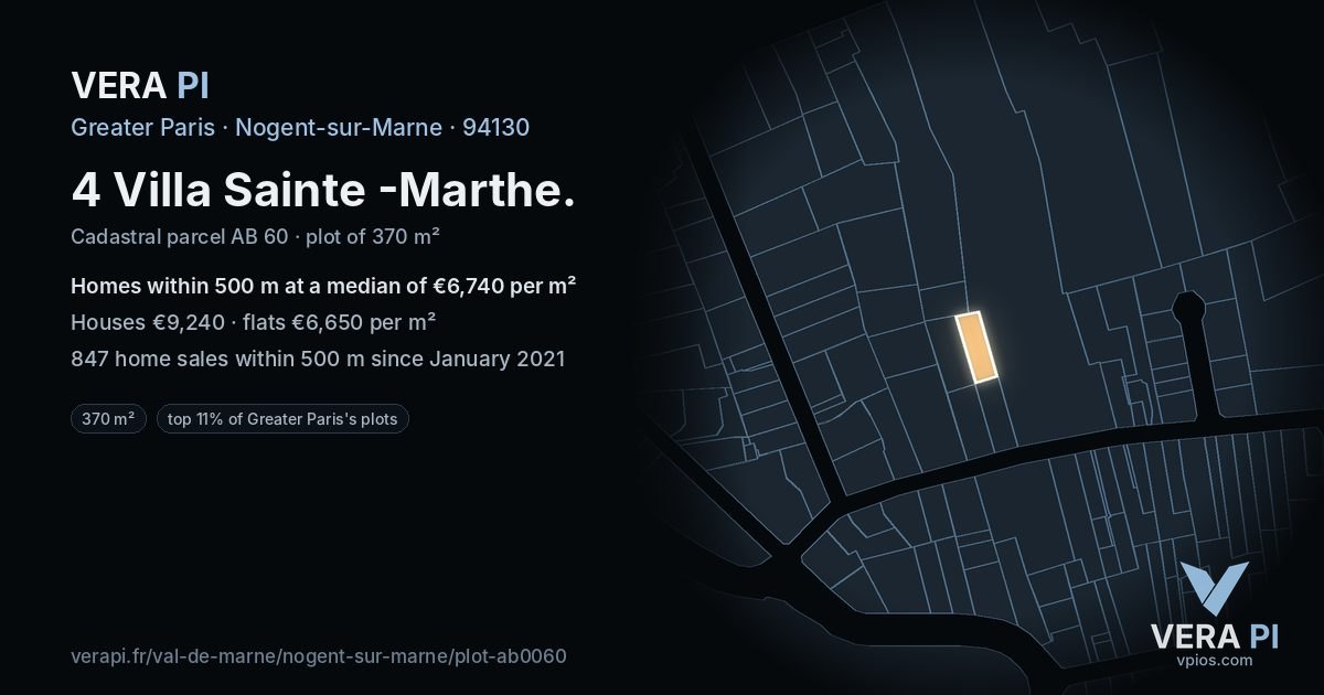 4 Villa Sainte -Marthe, Nogent-sur-Marne at night – the plot lit, the parcels around coloured by the prices near them