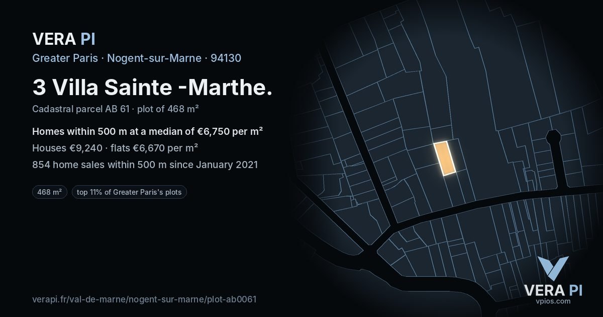 3 Villa Sainte -Marthe, Nogent-sur-Marne at night – the plot lit, the parcels around coloured by the prices near them