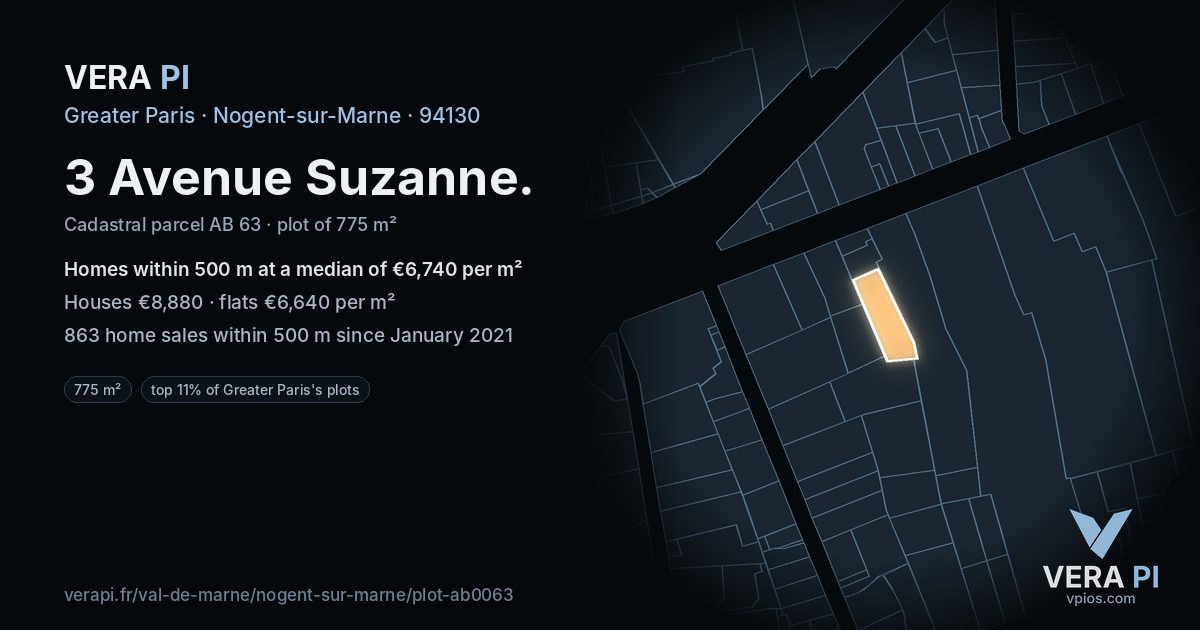 3 Avenue Suzanne, Nogent-sur-Marne at night – the plot lit, the parcels around coloured by the prices near them