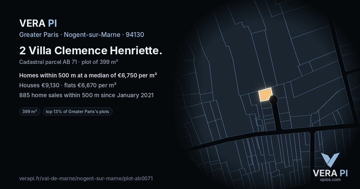 2 Villa Clemence Henriette, Nogent-sur-Marne at night – the plot lit, the parcels around coloured by the prices near them
