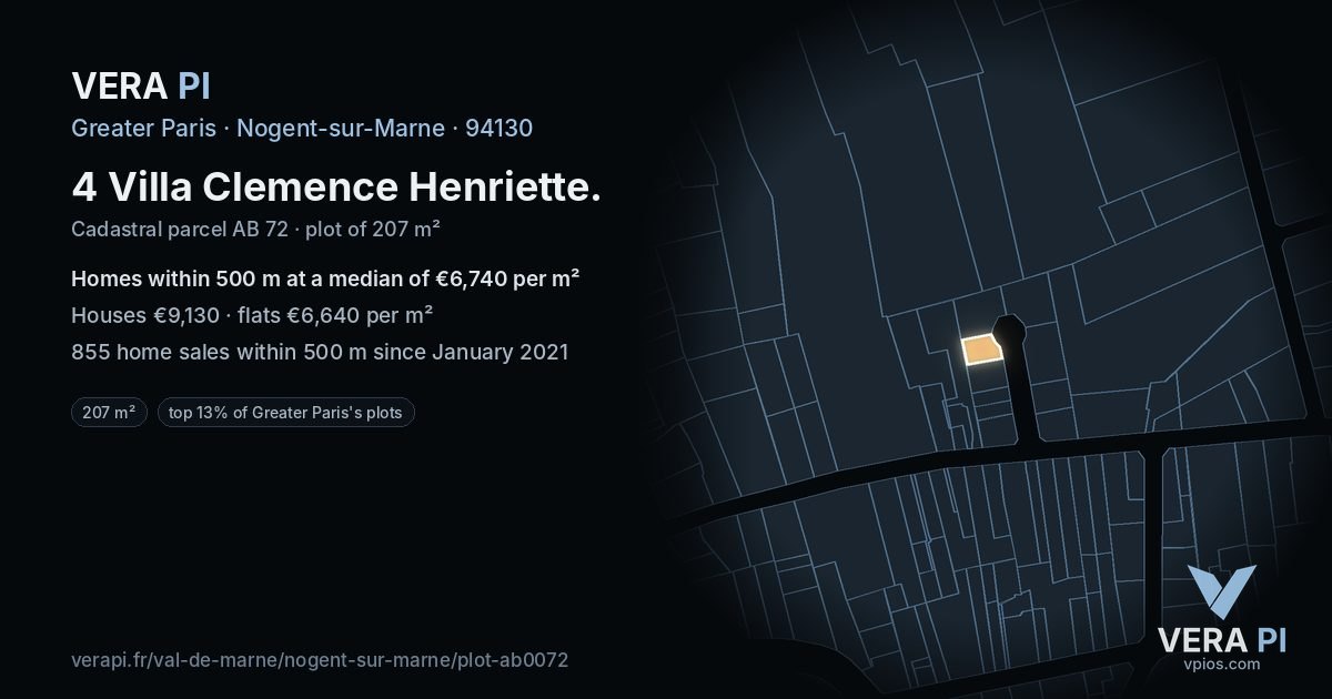 4 Villa Clemence Henriette, Nogent-sur-Marne at night – the plot lit, the parcels around coloured by the prices near them