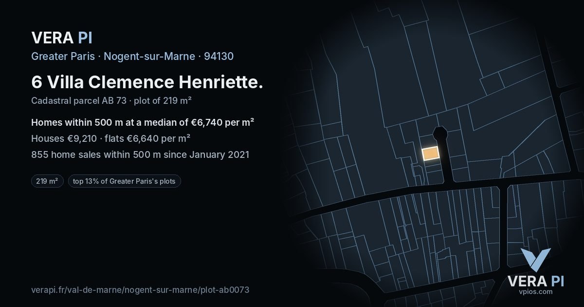 6 Villa Clemence Henriette, Nogent-sur-Marne at night – the plot lit, the parcels around coloured by the prices near them