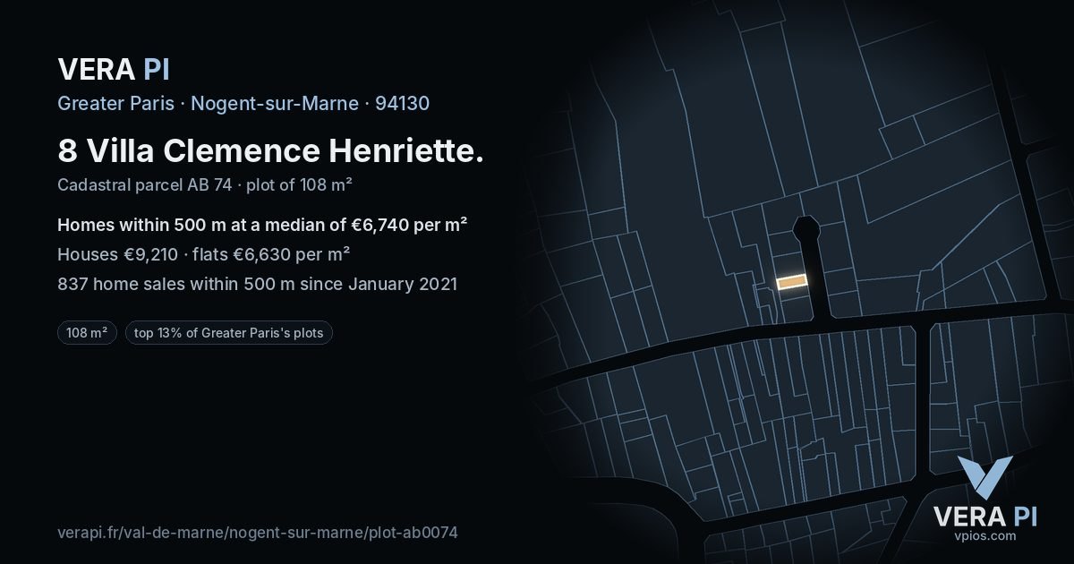 8 Villa Clemence Henriette, Nogent-sur-Marne at night – the plot lit, the parcels around coloured by the prices near them