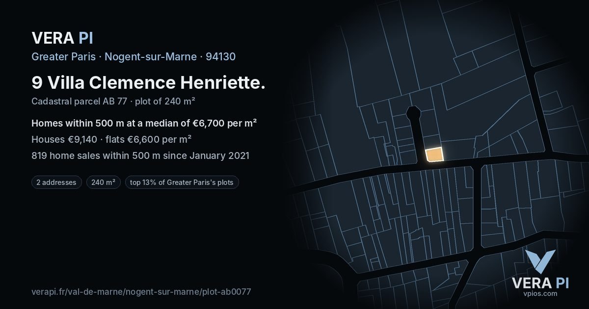 9 Villa Clemence Henriette, Nogent-sur-Marne at night – the plot lit, the parcels around coloured by the prices near them