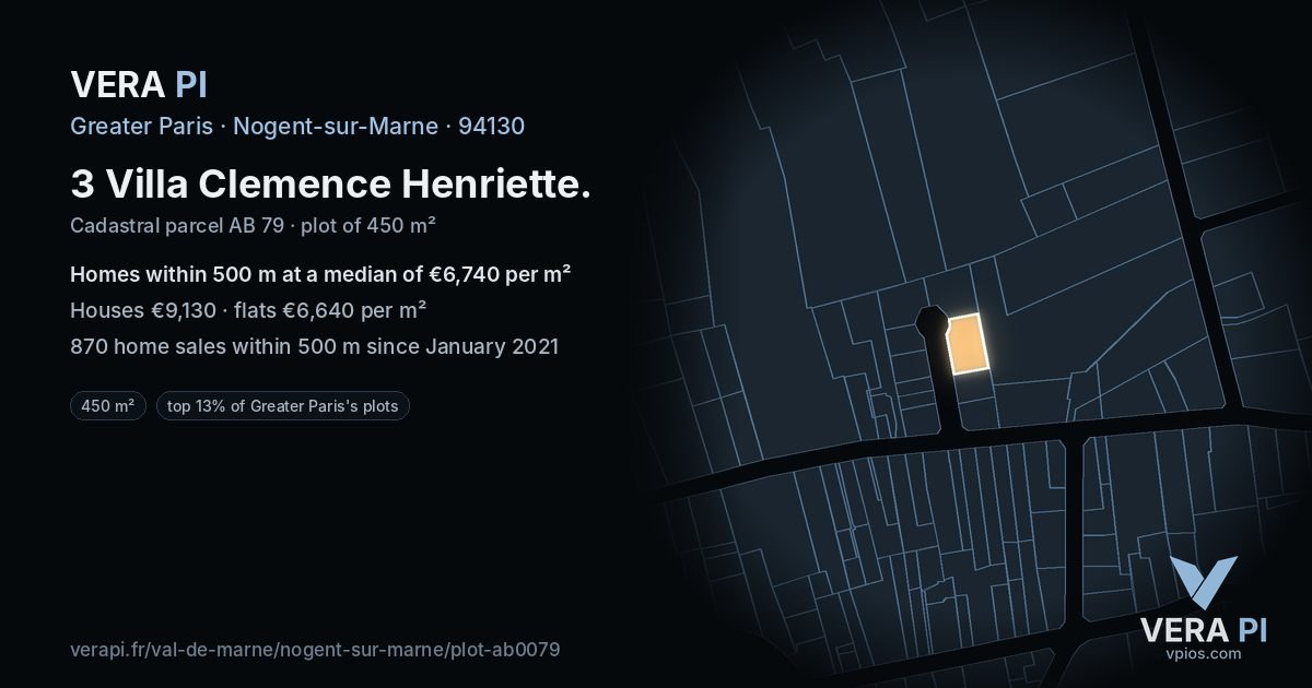 3 Villa Clemence Henriette, Nogent-sur-Marne at night – the plot lit, the parcels around coloured by the prices near them
