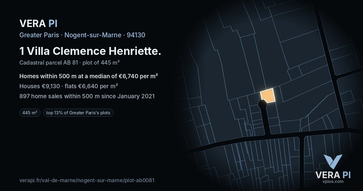1 Villa Clemence Henriette, Nogent-sur-Marne at night – the plot lit, the parcels around coloured by the prices near them