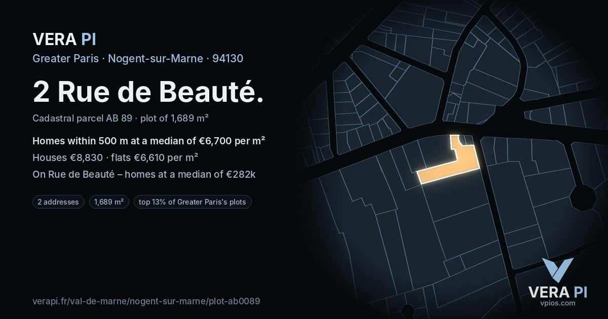 2 Rue de Beauté, Nogent-sur-Marne at night – the plot lit, the parcels around coloured by the prices near them