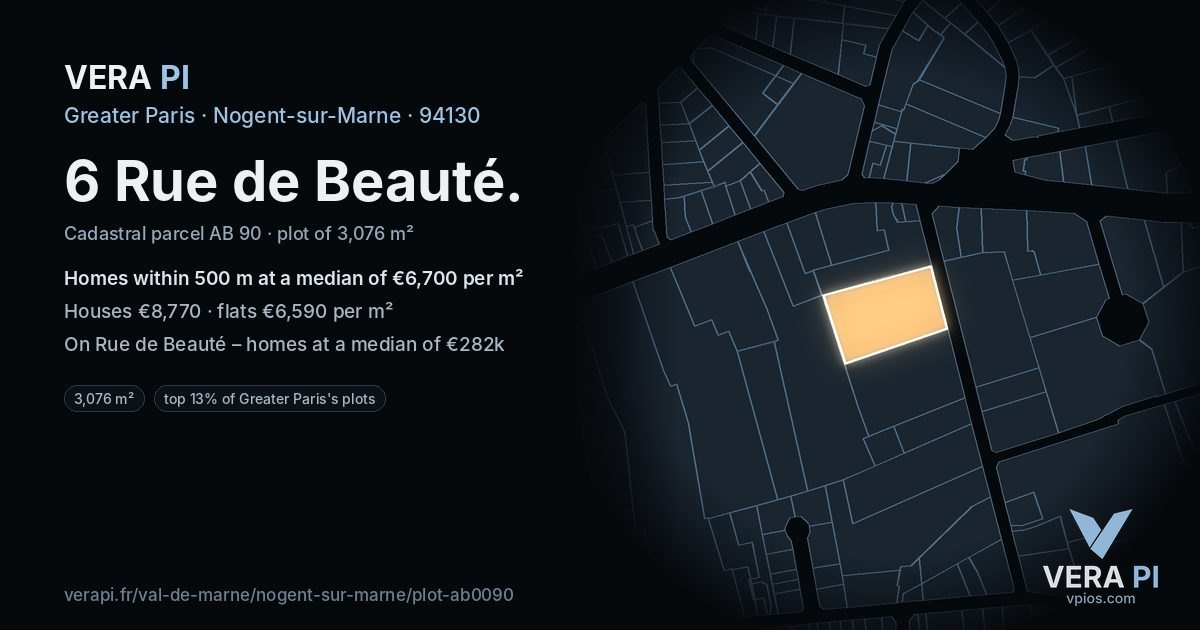 6 Rue de Beauté, Nogent-sur-Marne at night – the plot lit, the parcels around coloured by the prices near them