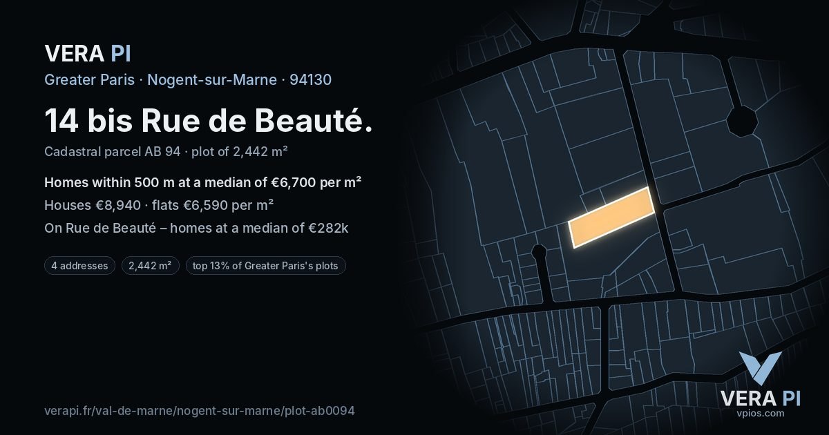 14 bis Rue de Beauté, Nogent-sur-Marne at night – the plot lit, the parcels around coloured by the prices near them