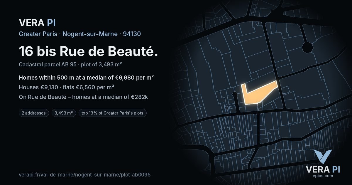 16 bis Rue de Beauté, Nogent-sur-Marne at night – the plot lit, the parcels around coloured by the prices near them