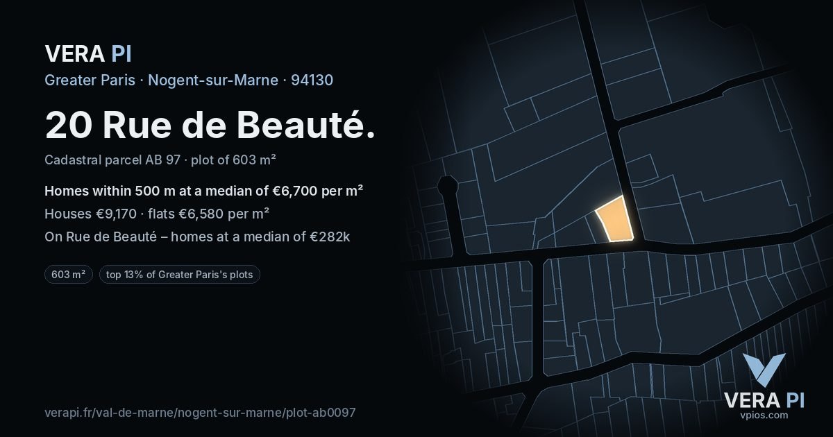 20 Rue de Beauté, Nogent-sur-Marne at night – the plot lit, the parcels around coloured by the prices near them