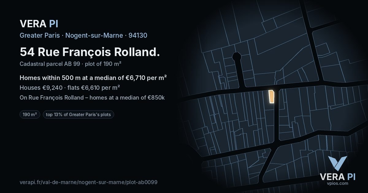 54 Rue François Rolland, Nogent-sur-Marne at night – the plot lit, the parcels around coloured by the prices near them
