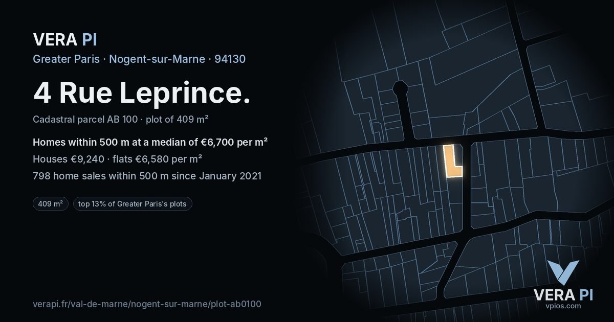 4 Rue Leprince, Nogent-sur-Marne at night – the plot lit, the parcels around coloured by the prices near them