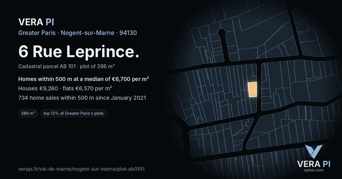 6 Rue Leprince, Nogent-sur-Marne at night – the plot lit, the parcels around coloured by the prices near them