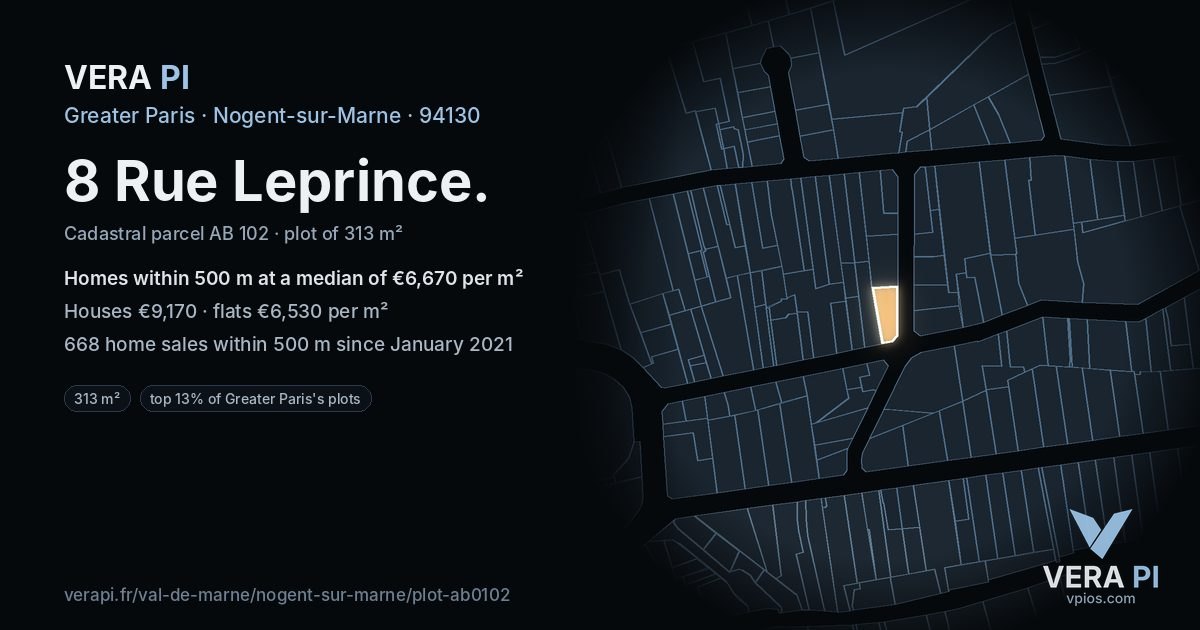 8 Rue Leprince, Nogent-sur-Marne at night – the plot lit, the parcels around coloured by the prices near them