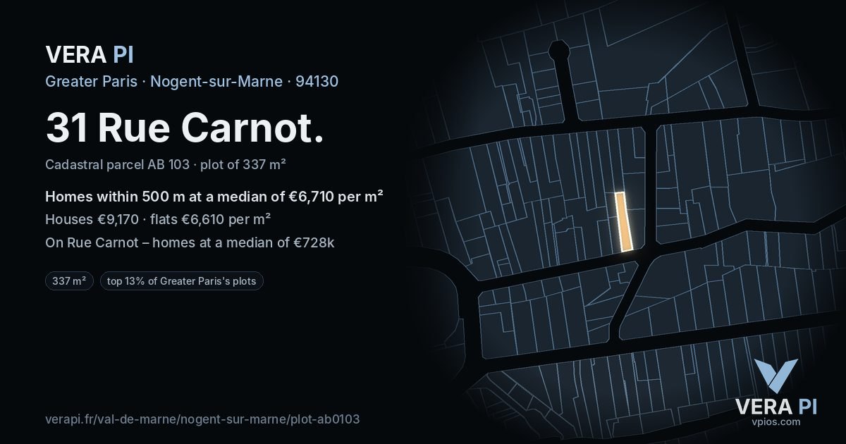 31 Rue Carnot, Nogent-sur-Marne at night – the plot lit, the parcels around coloured by the prices near them