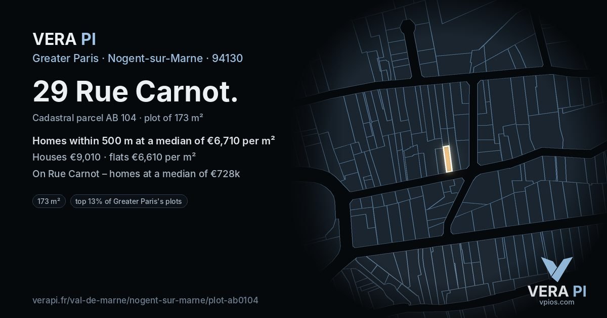 29 Rue Carnot, Nogent-sur-Marne at night – the plot lit, the parcels around coloured by the prices near them