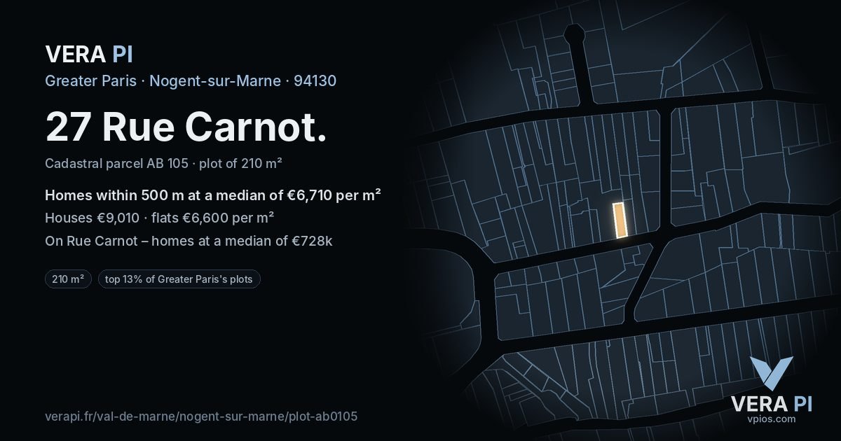 27 Rue Carnot, Nogent-sur-Marne at night – the plot lit, the parcels around coloured by the prices near them